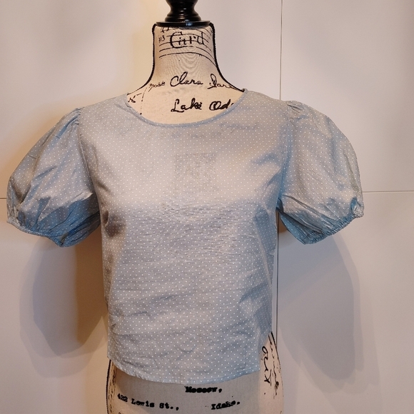 Private Label Tops - NWT Blue Polka Dot Puff Sleeve Open Back Lace Up Crop Top